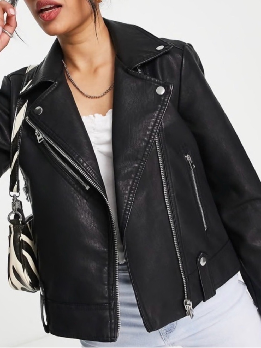 Topshop Black Faux Leather Biker Moto Classic Minimalist Jacket Petite Size 2
